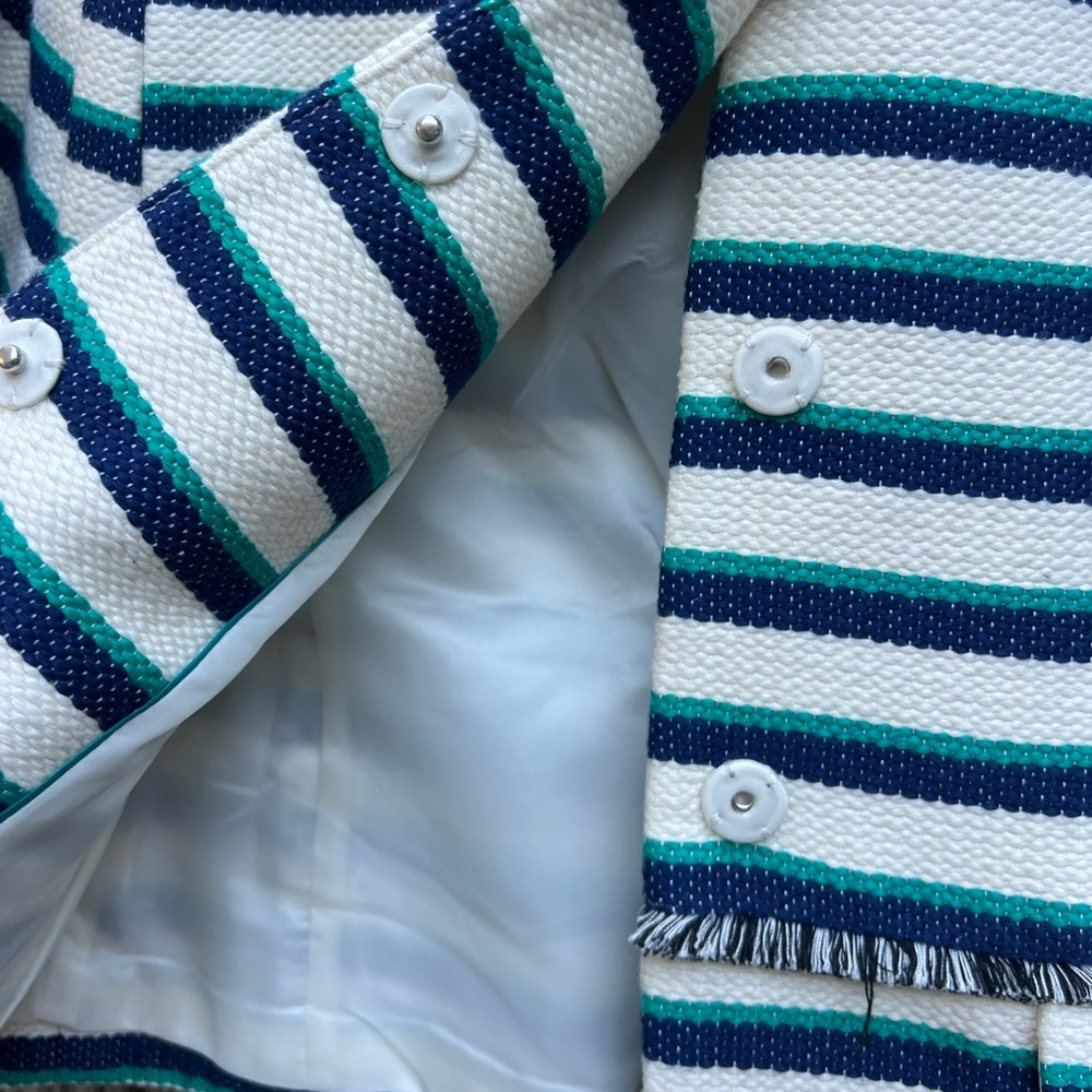 TALBOTS Tweed White Navy Jade Green Stripe Blazer Women’s 2P NWT NEW - Picture 11 of 16